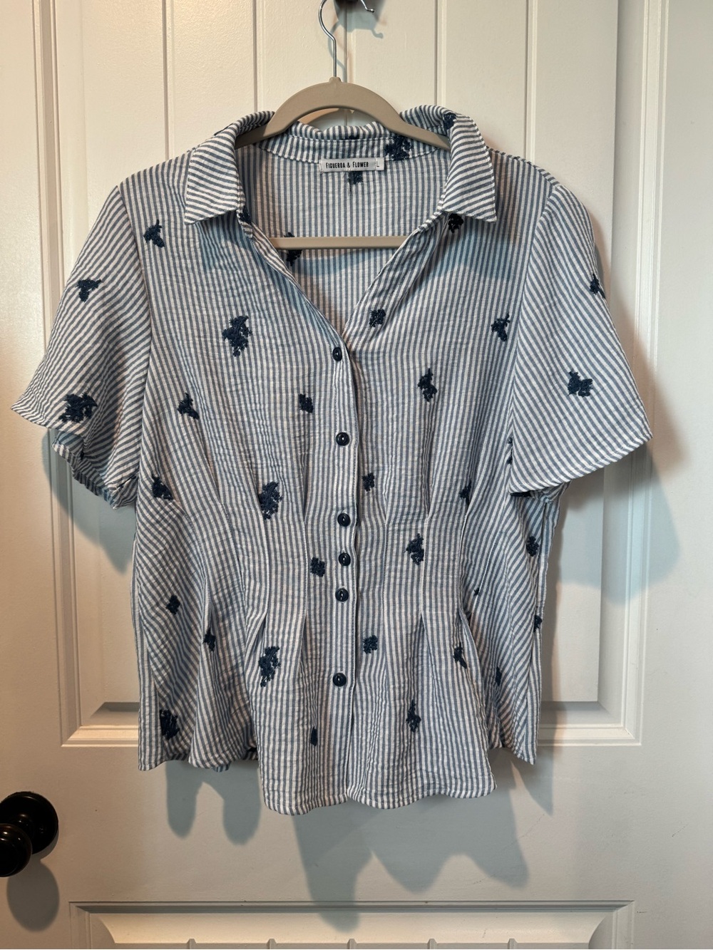 Casual Striped Button-Front Blouse - Navy Embroidery